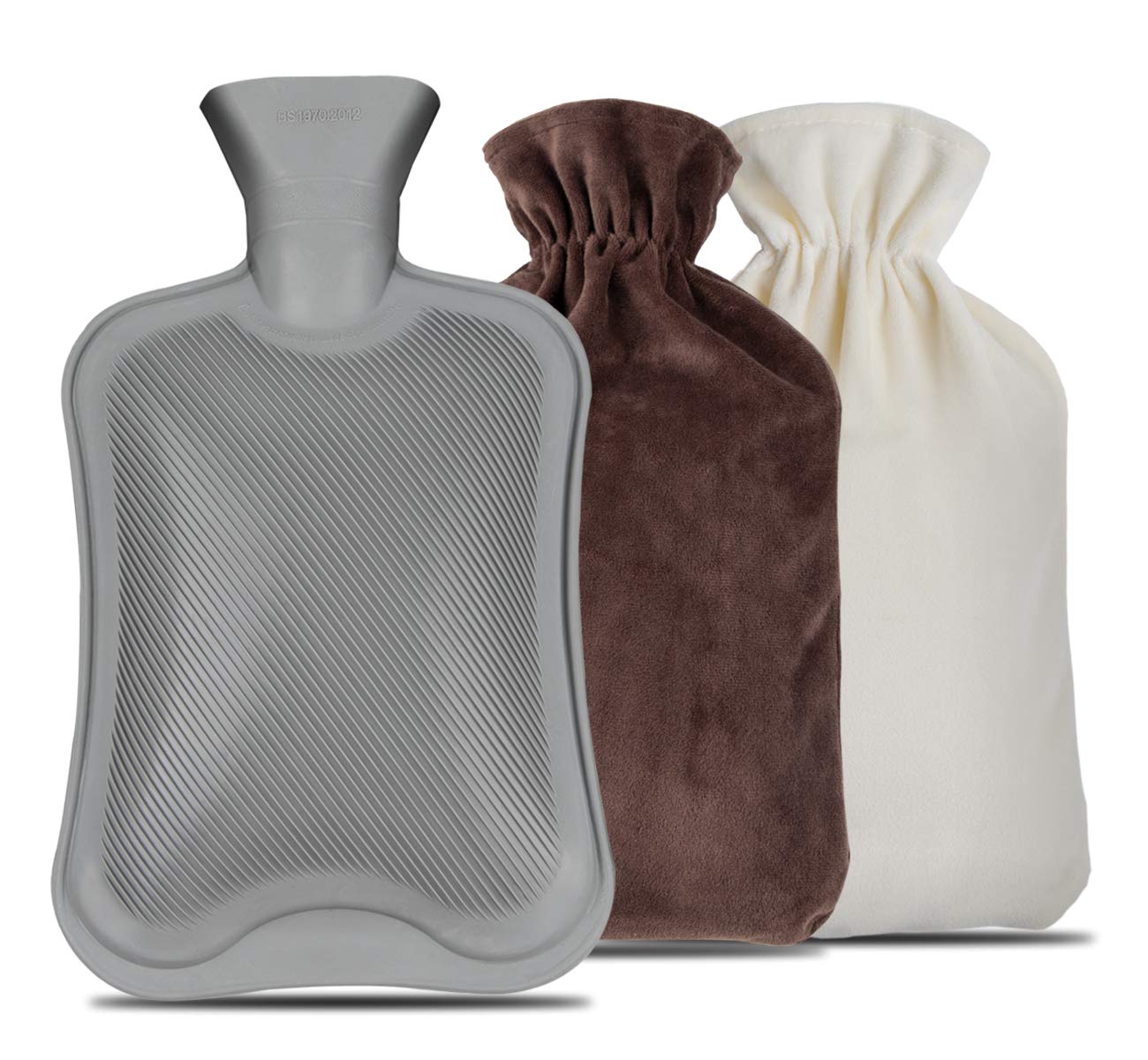 Anstore 2 Litre Hot Water Bottle Grey with 2 Pack Removable Washable Covers Beige Brown,13 * 7.5 inch Hot Water Bottle for Period Pain,A Warm Soft Hot Water Bottle for Parents in Winter