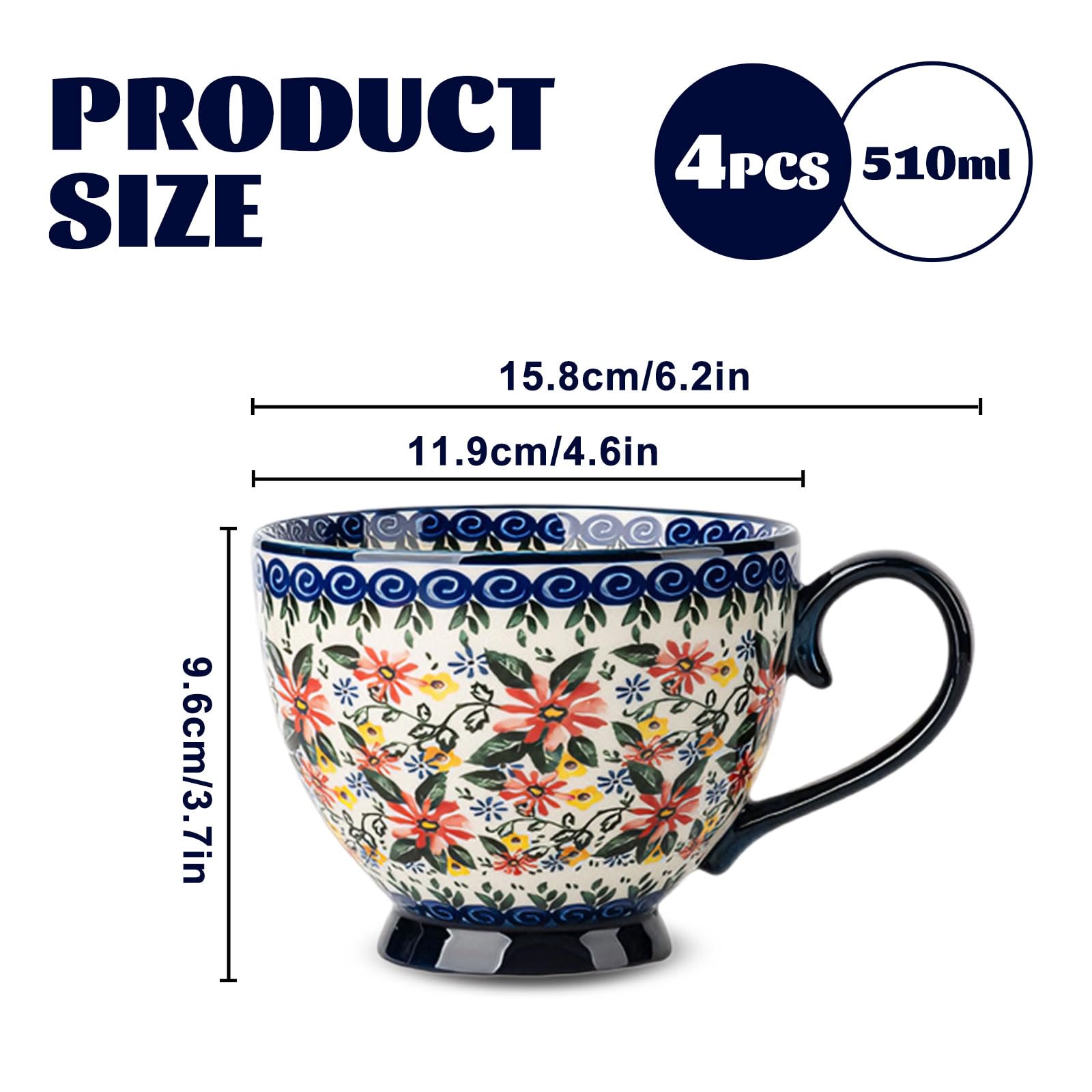 Set di 4 tazze da colazione in ceramica, 510 ml, con motivo floreale dipinta a mano, con manico, set di tazze in porcellana, tazze da cappuccino in ceramica, adatte al microonde