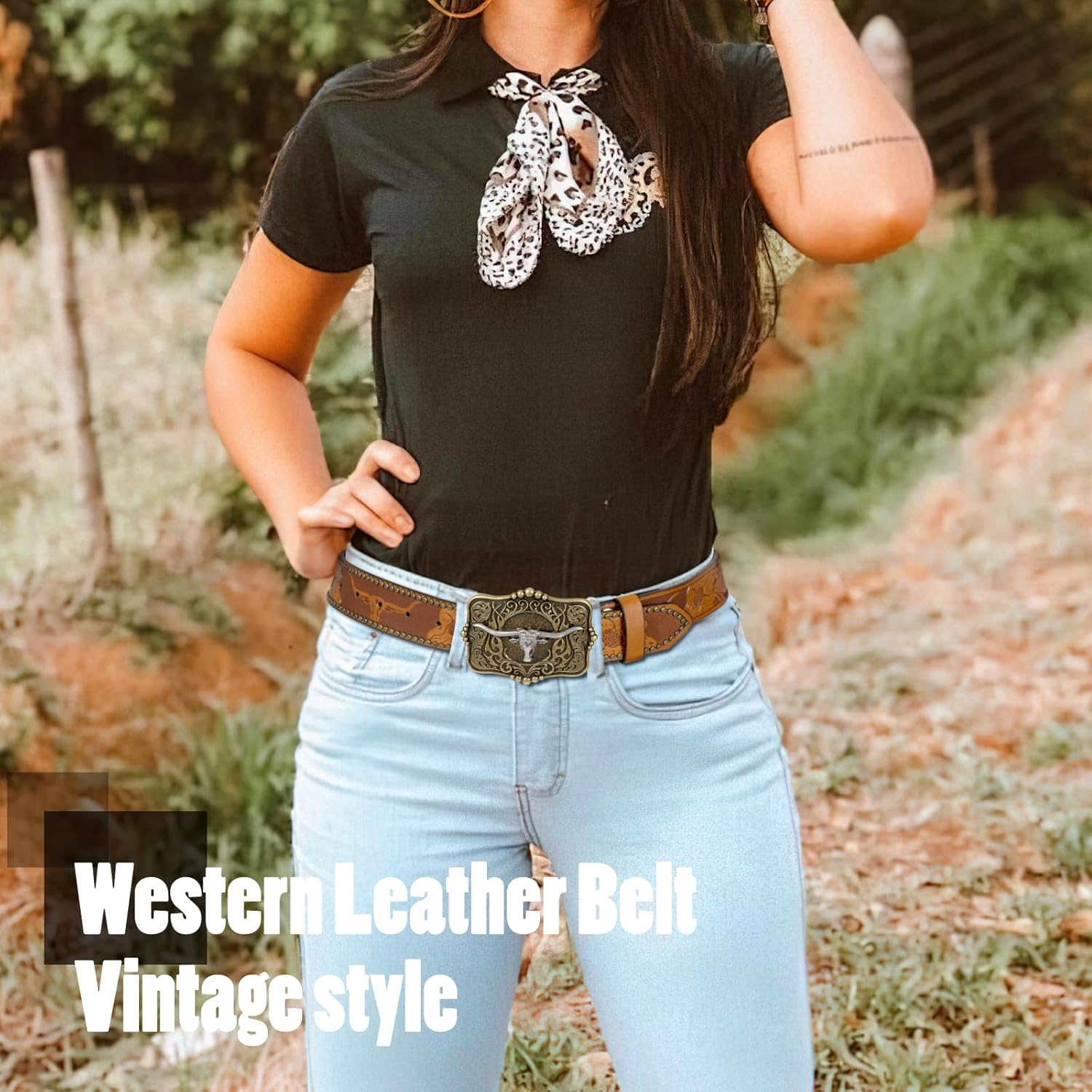 SUOSDEY Women Western Leather Belt, Cowboy Cowgirl Belt for Jeans Pants Longhorn Bull Big Buckle Belt - Image 7