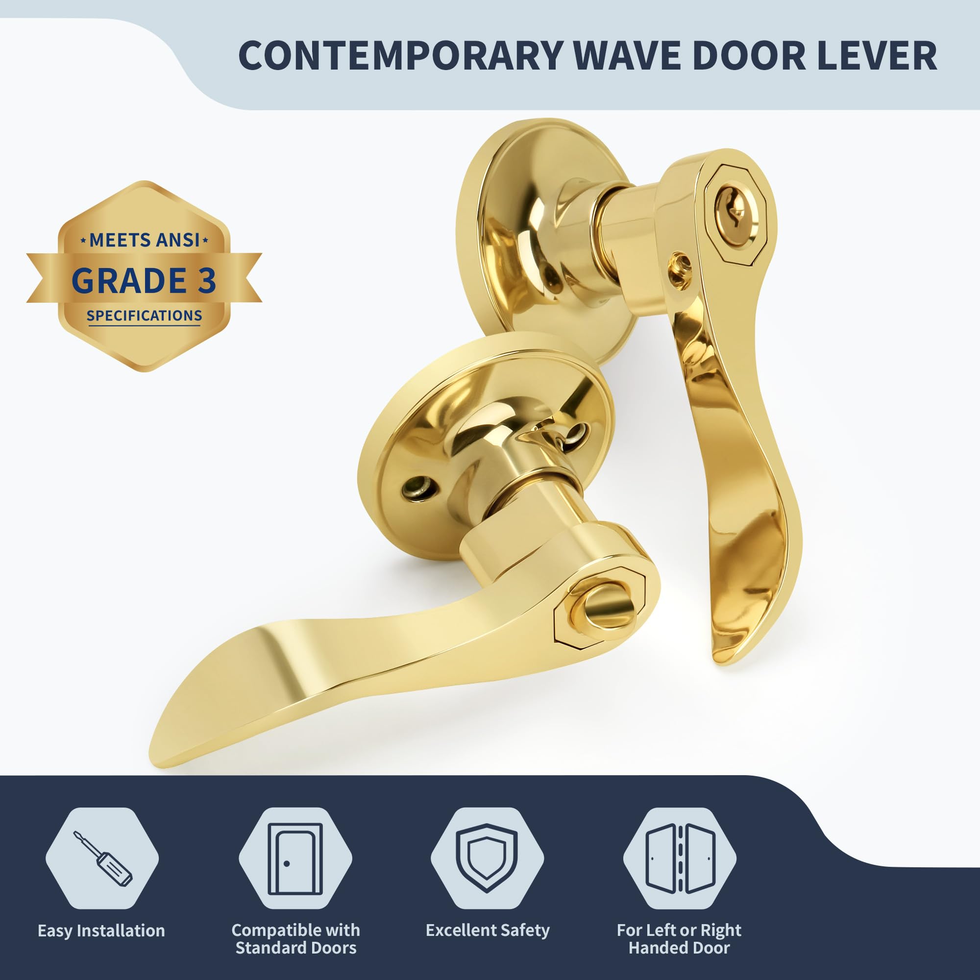 Manija de puerta estilo onda, manija de puerta de entrada con llave y cerradura, manija de entrada dorada reversible para zurdos y diestros para puerta delantera o de oficina con acabado de