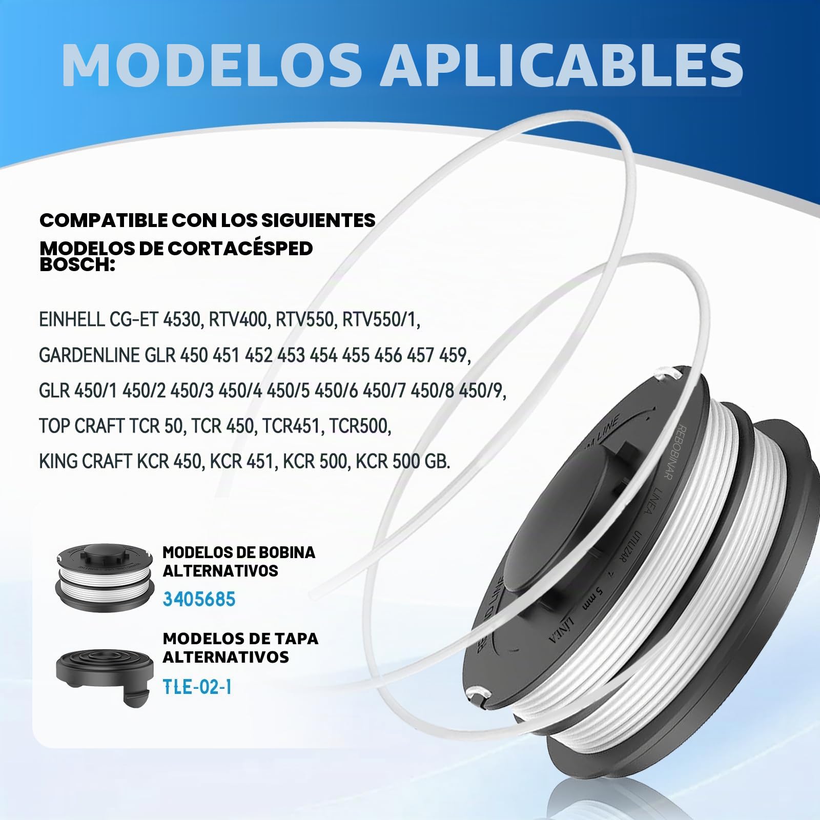 4 Bobinas de Hilo para Cortabordes Compatibles con Einhell 3405685, para Einhell GC-ET 4530 Aldi Gardenline GLR GLT,Ø2mm 10m, con cubierta de bobina TLE-02-1(4 Bobina+1 Tapa)