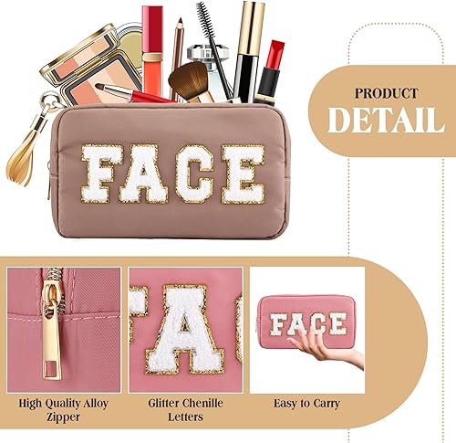 Miniatura 3 de Kajaia 4 Piezas Bolsas de Maquillaje Preppy Bolsas de Letras de Chenilla Bolsas de Cosméticos para Cabello, Cara, Piel para Mujeres, Bolsas