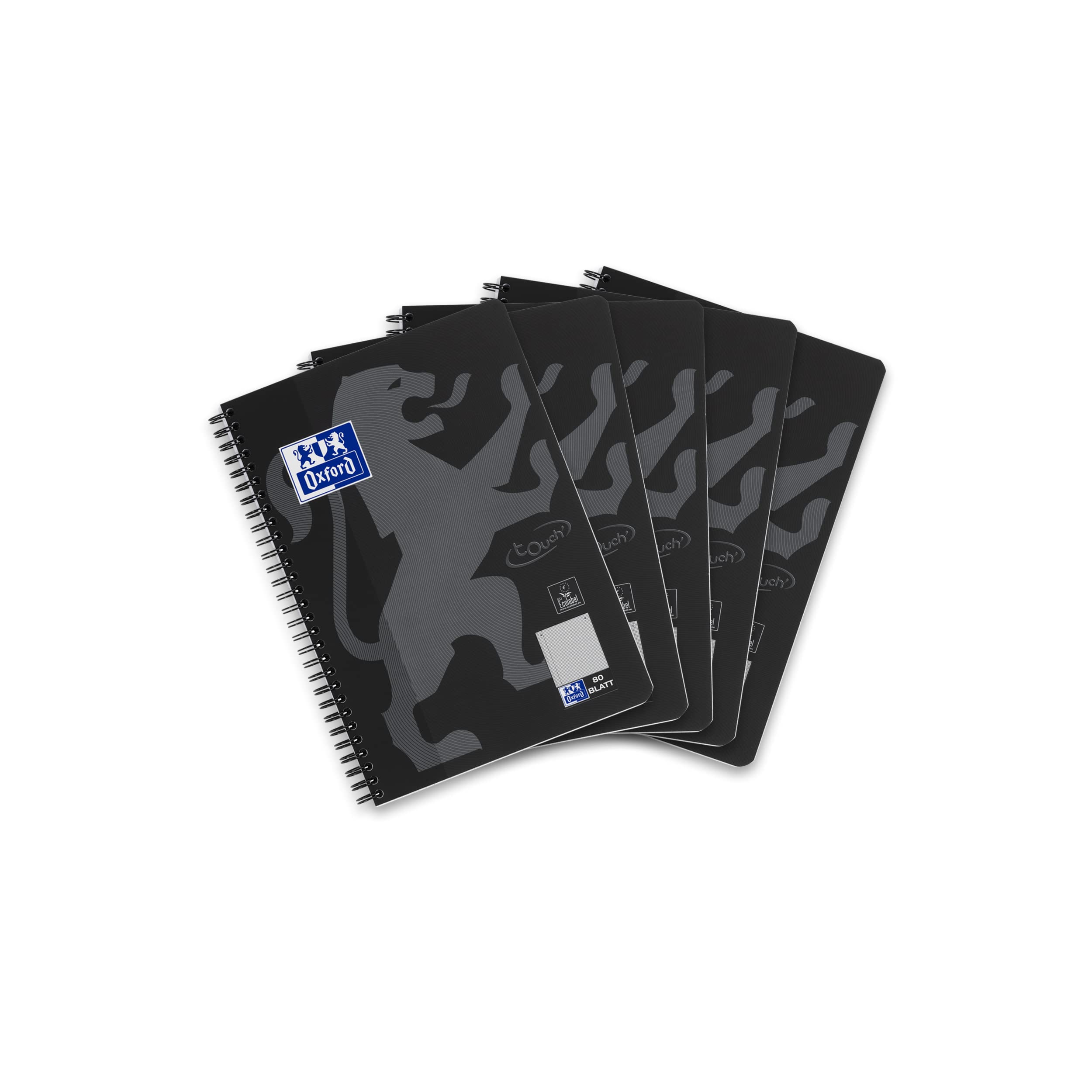 Oxford Touch Collegeblock B5 (17,6x25 cm) kariert mit Rand, 160 Seiten, schwarz, 5 Stück