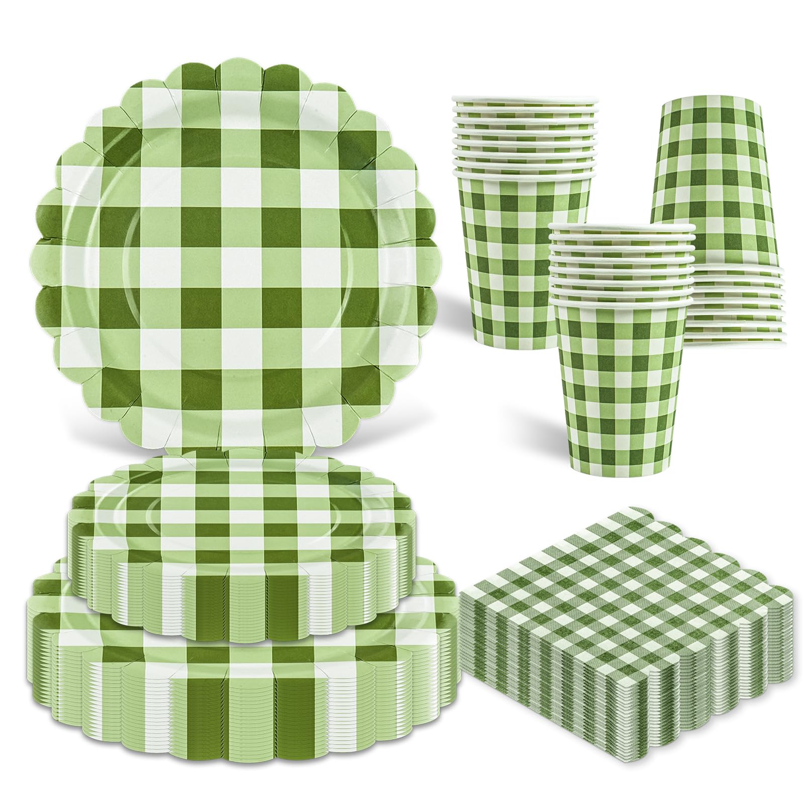 96PCS Sage Green Gingham Party Supplies, Scalloped Disposable Tableware Set Includes Paper Plates Napkins Cups Straws for Baby Shower Birthday Wedding Party Supplies, Serve 24