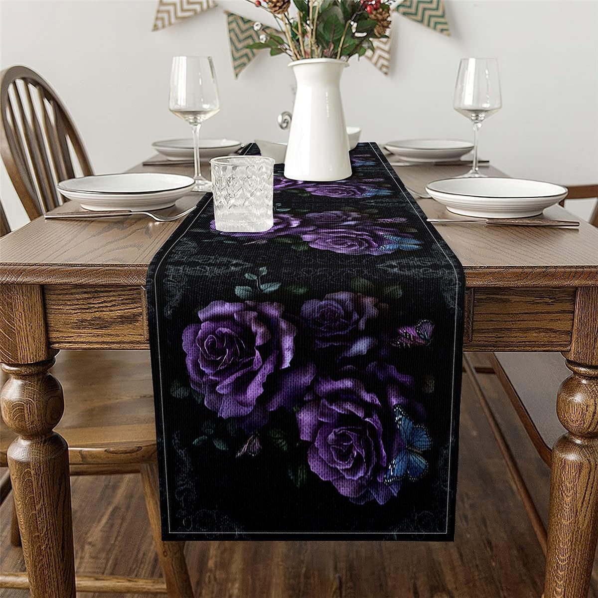 Erosebridal Purple Rose Table Runner 13x120, Butterflies Table Runners, Boho Floral Banquet Leaves Botanical Rectangular Runner, Romantic Women Black Purple Blue Dresser Runners