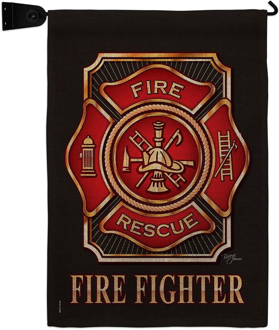 Fire Fighter Garden Flag Set with Stand First Responders Firefighter Fireman Department Rescue Red Line Hero Support Small Decorative Gift Yard House Banner Double-Sided Made In USA 13 X 18.5