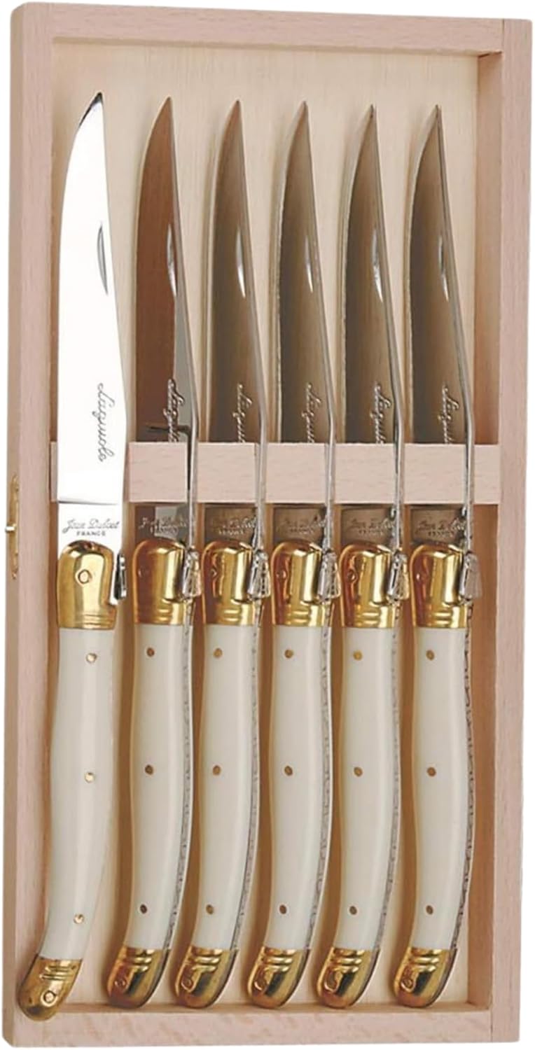 Jean Dubost Laguiole 6-Piece Steak Knife Set, Olive Wood Handles - 1.5 mm Blades - Rust-Resistant Stainless Steel - Includes Wooden Tray - Made in France