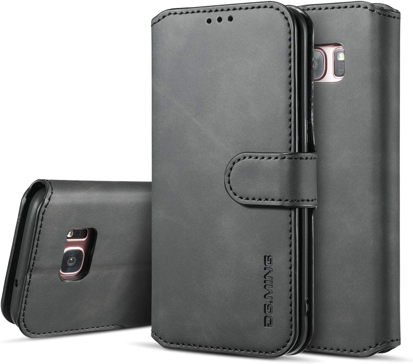 UEEBAI PU Leather Case for Samsung Galaxy S7 Edge, Vintage Retro Premium Wallet Flip Cover TPU Inner Shell [Card Slots] [Magnetic Closure] Stand Function Folio Shockproof Full Protection - Black