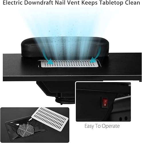 Miniatura 4 de Giantex Mesa de manicura, mesa de uñas con colector de polvo, reposamuñecas, lámpara LED flexible, armario de 5 cajones con llaves, ruedas con