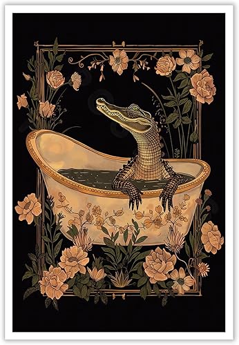 Impresión artística floral botánica de cocodrilo en el inodoro, colorido y lindo, lienzo decorativo para pared, póster de decoración de baño,