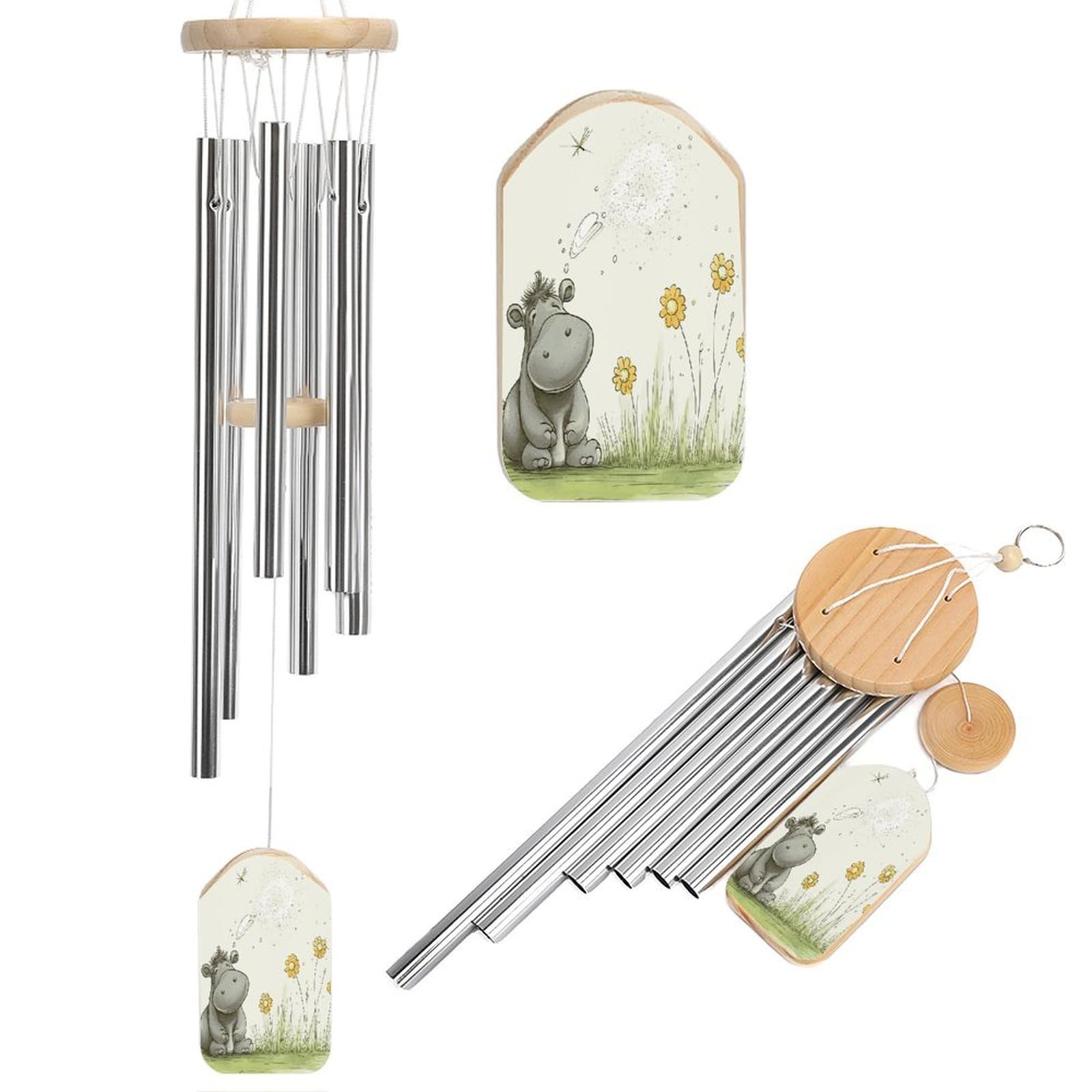 Btcowzrv Style Hippo And Dandelion Wind Chimes For Outside, Hanging Windchimes With 6 Aluminum Tubes, Memorial Wind Chime For Patio Backyard Garden And Outdoor Decor