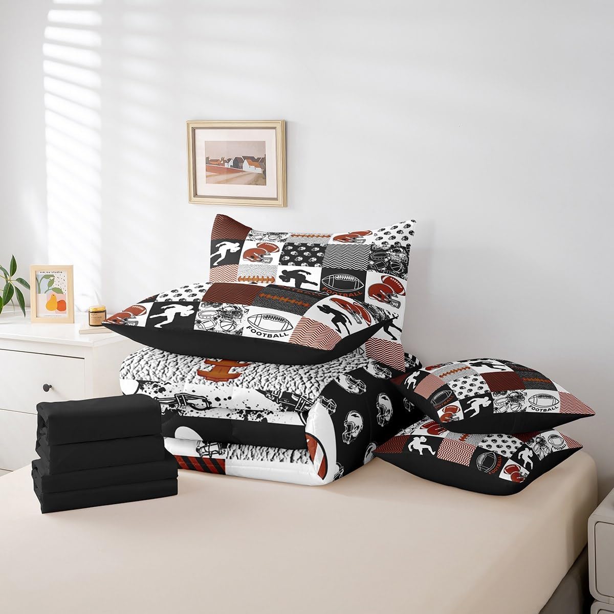 Feelyou Football Bedding Set Twin Size Boys Rugby Sports Comforter Set with Sheets 7 Piece for Kids Football Game Bed in a Bag Plaid Grid Bed Set with Comforter, SheetsRoom Decor