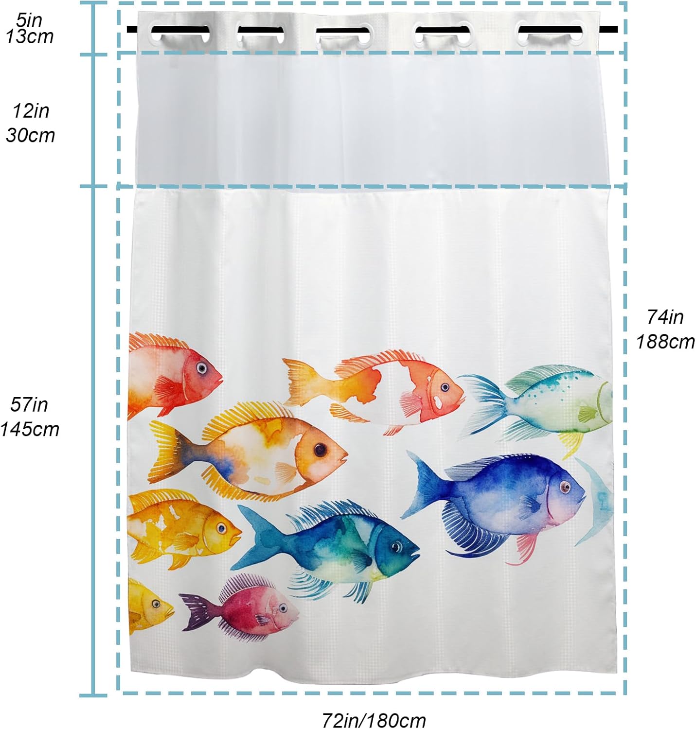Colorful Fish Shower Curtain for Bathroom, Waterproof Boho Waffle Shower Curtain with Snap in Fabric Liner Set, Heavy Duty Fabric Bath Curtains for Hotel Spa Luxury Polyester, 72Wx74H, No Hook