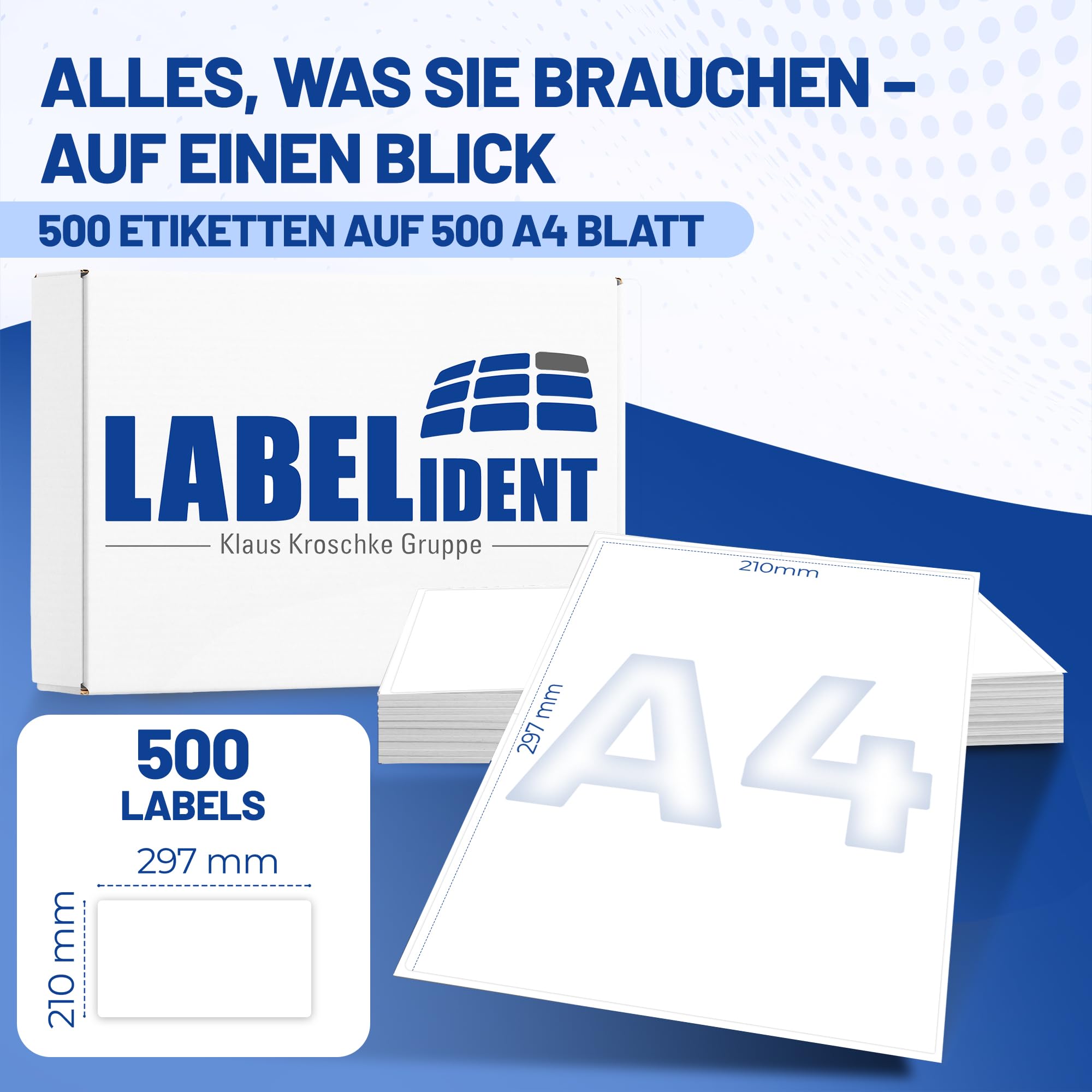 Labelident Etichette per spedizione, formato A4, 210 x 297 mm, 500 etichette autoadesive su 500 fogli DIN A4, per DHL, DPD, Fedex, GLS, Hermes, UPS – per stampanti laser e inkjet I carta opaca