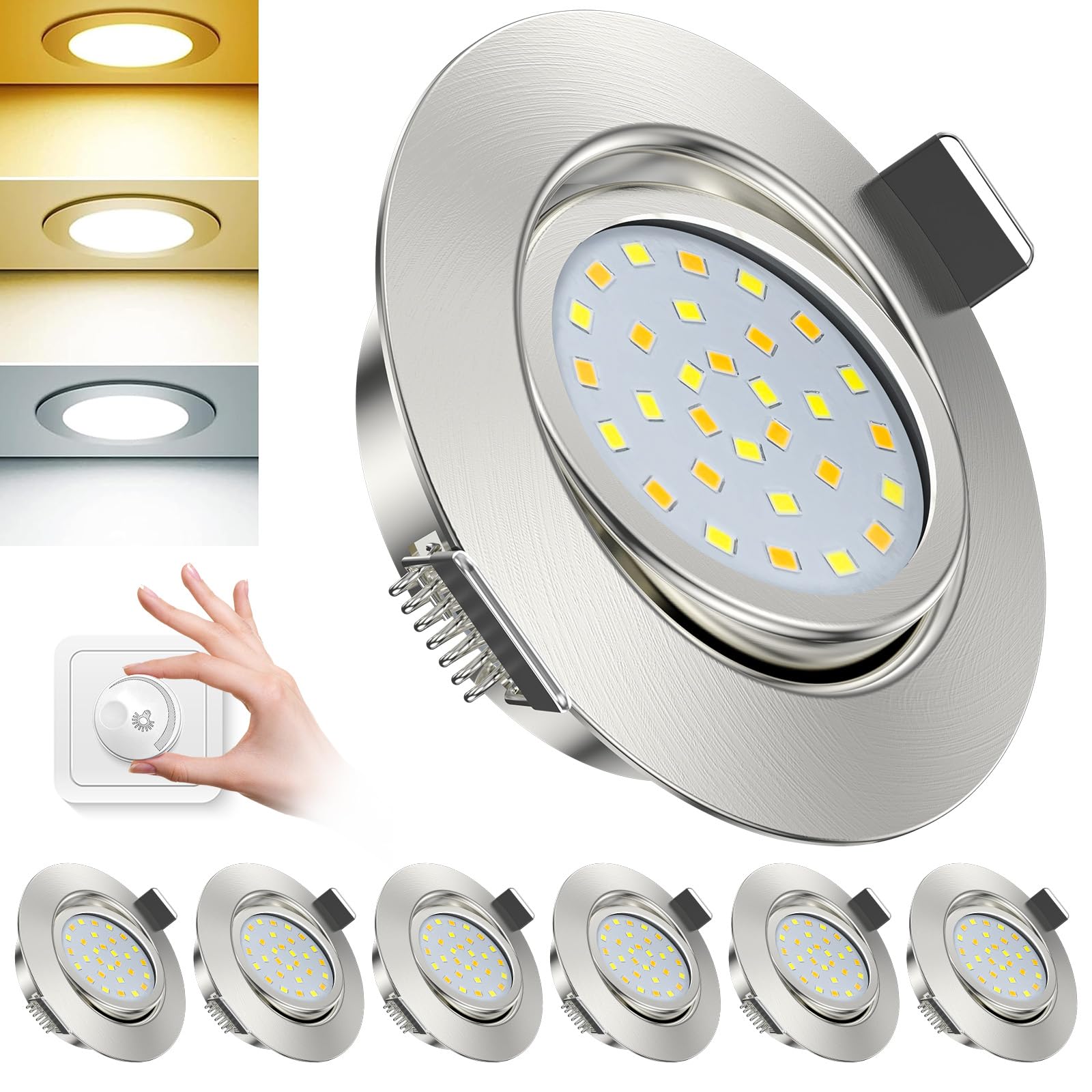 ACELIFE LED Einbaustrahler 230V, 7W 950LM Dimmbar Deckenspots Flach Einbauleuchten 68-80mm Schwenkbar Spots Warmweiß 3000K Neutralweiß 4500K Kaltweiß 6000K für Badezimmer Küche Wohnzimmer,6er Set