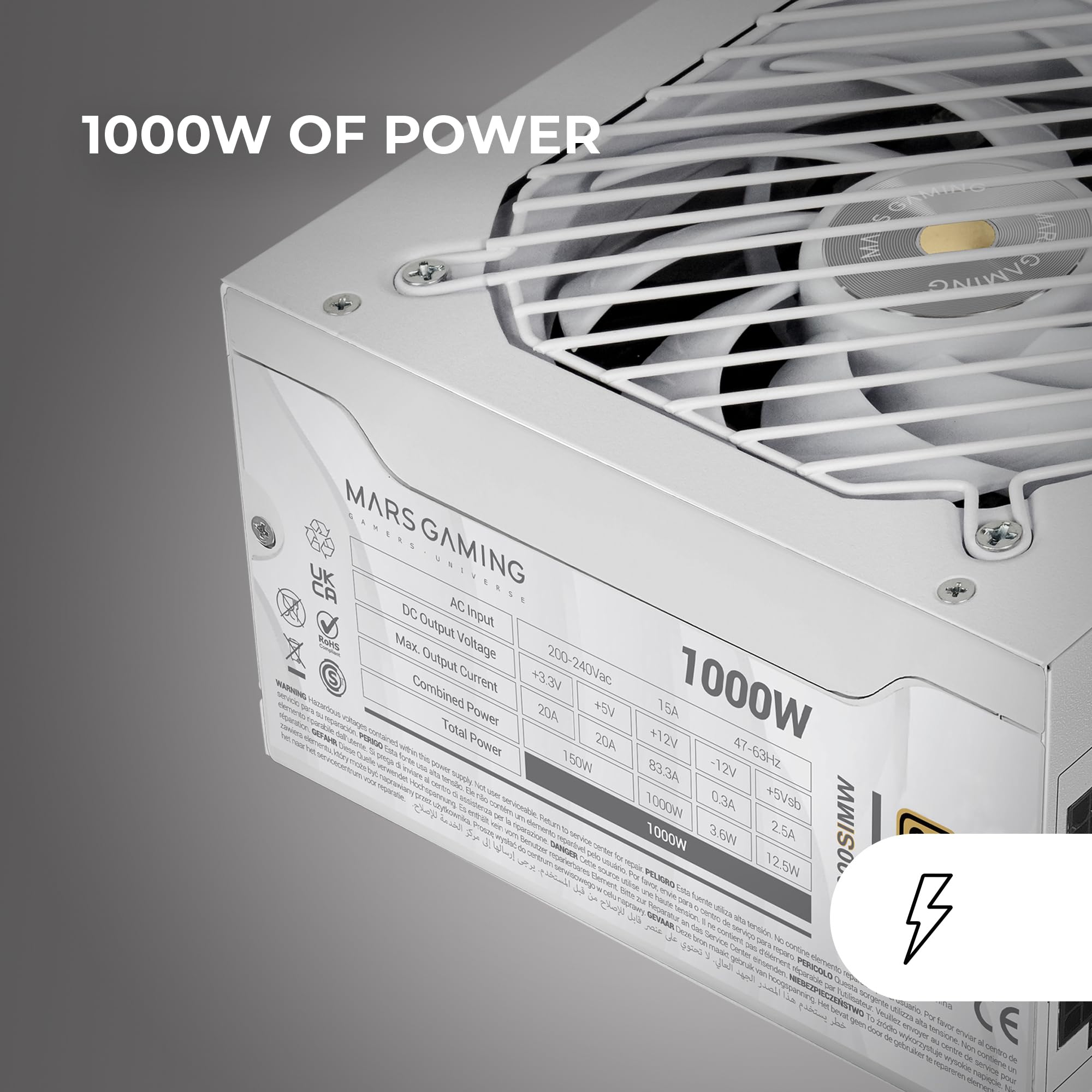Mars Gaming MPB1000SIM, Fuente Alimentación Full Modular ATX 1000W, 7 Años Garantía, 80Plus Gold 90%, Ventilador SI Extreme Silence 140mm, Tecnologías AI2-RPM, Condensadores Japoneses, Blanco