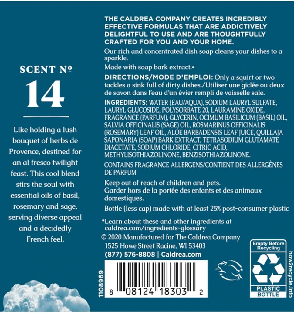 Caldrea Dish Soap, Biodegradable Dishwashing Liquid made with Soap Bark and Aloe Vera, Basil Blue Sage Scent, 16 oz , 3 Pack