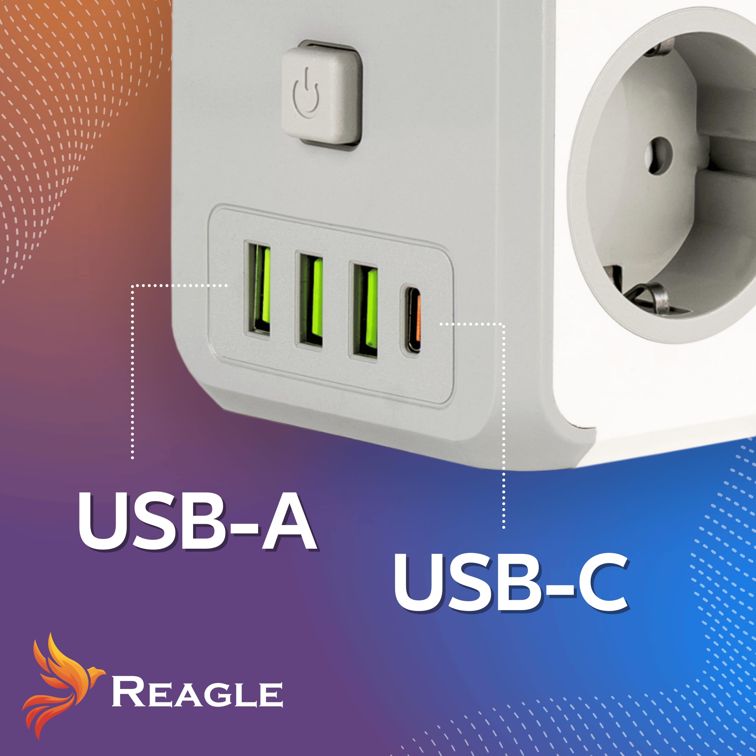 Reagle Listwa zasilająca bez kabla, 3 gniazda z kostką USB-A i USB-C, 2500 W, z przełącznikiem, listwa zasilająca Powercube do biura, domu, podróży