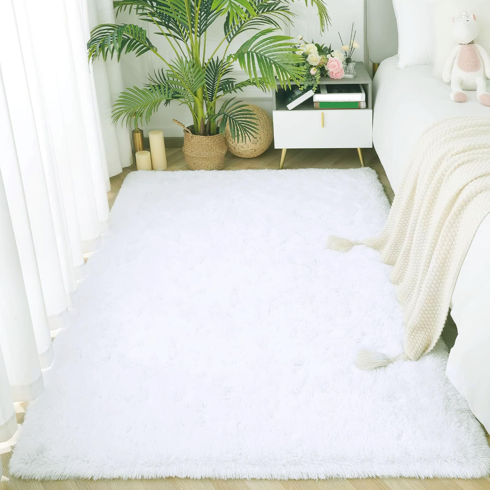 Tapis de salon shaggy haut de gamme blanc 265 x 300 cm intemporel