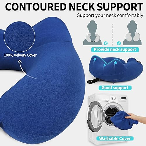Miniatura 4 de Almohada inflable para el cuello de viaje para avión, almohada de terciopelo para el cuello para adultos para vuelo largo, kit con máscara de ojos,