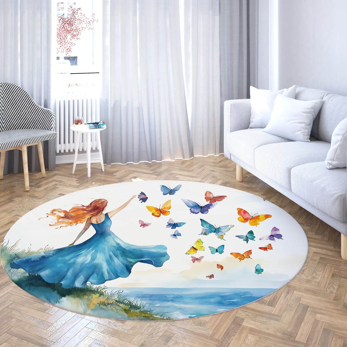 Tapis rond pliant motif papillon bleu pour chambre et nurserie