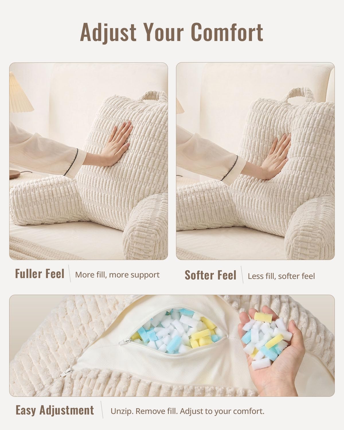 Blissful Diary Almohada de lectura, elegante almohada de cama con espuma viscoelástica triturada para respaldo de niños y adultos, almohada de espalda para cama y sofá sentado con brazos y bolsillos y