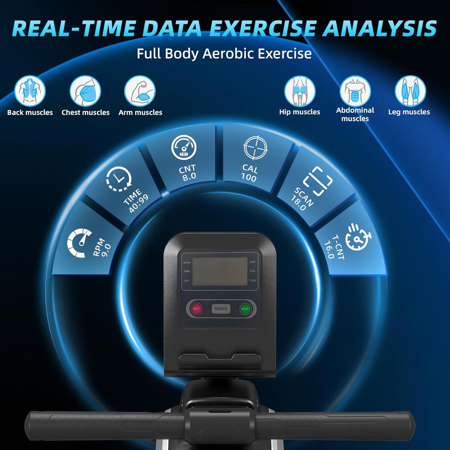 Close-up of the rower's adjustable non-slip pedals, sweat-proof handlebar, and wide padded seat