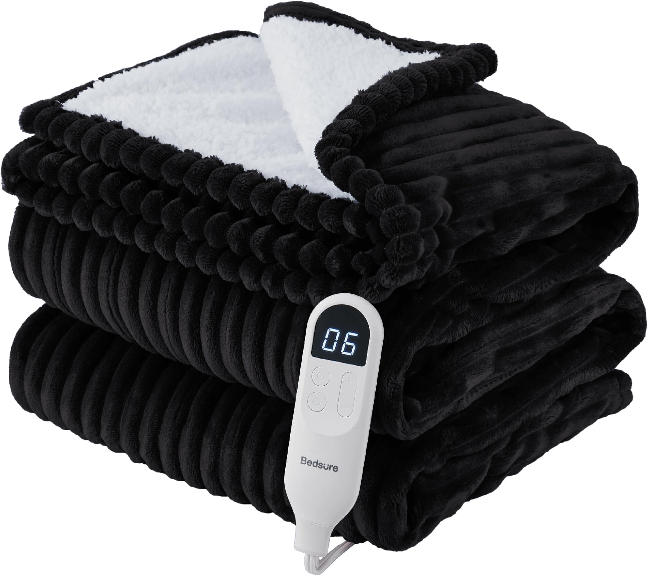 Bedsure GentleSoft Electric Blanket Twin - Soft Ribbed Flannel Heated Blanket, Heating with 10 Time Settings, 6 Heat Settings, and 8 hrs Timer Auto Shut Off, Gifts for Grandma (62x84 inches, Black)