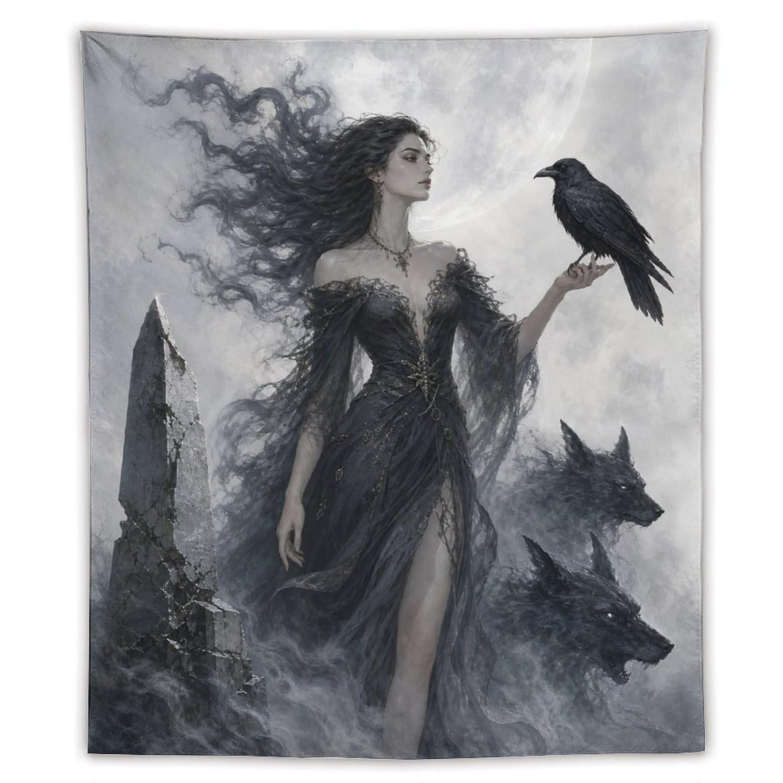 W7C8U2X3 Raven Witch with Black Dress Wall Tapestry, Gothic Fantasy