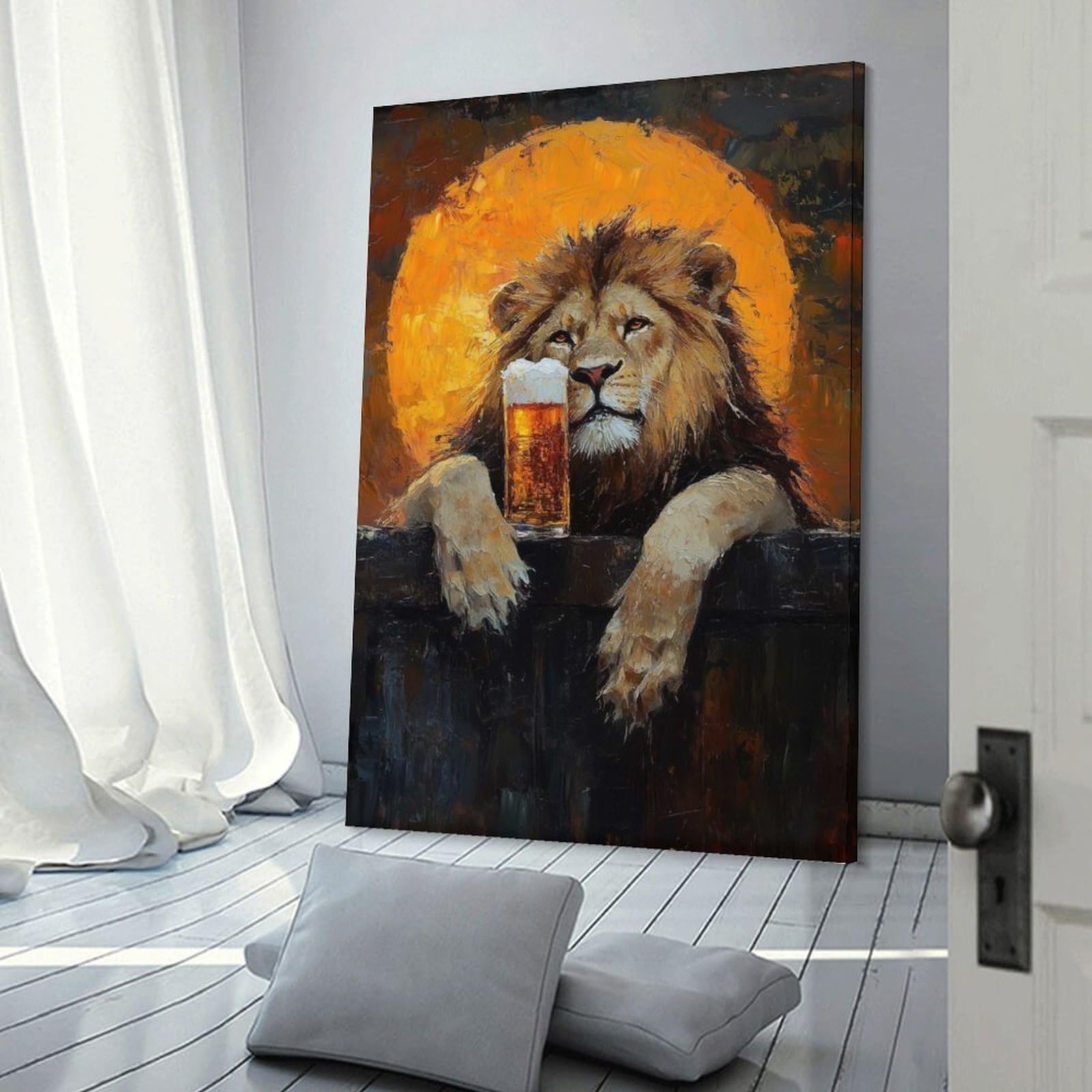 Junmoney Lion with Beer Decorative Wall Artwork 24x36inch(60x90cm), for Front Hall, Corridor Or Welcome Spaces, Decorative Wall Art for Narrow Spaces
