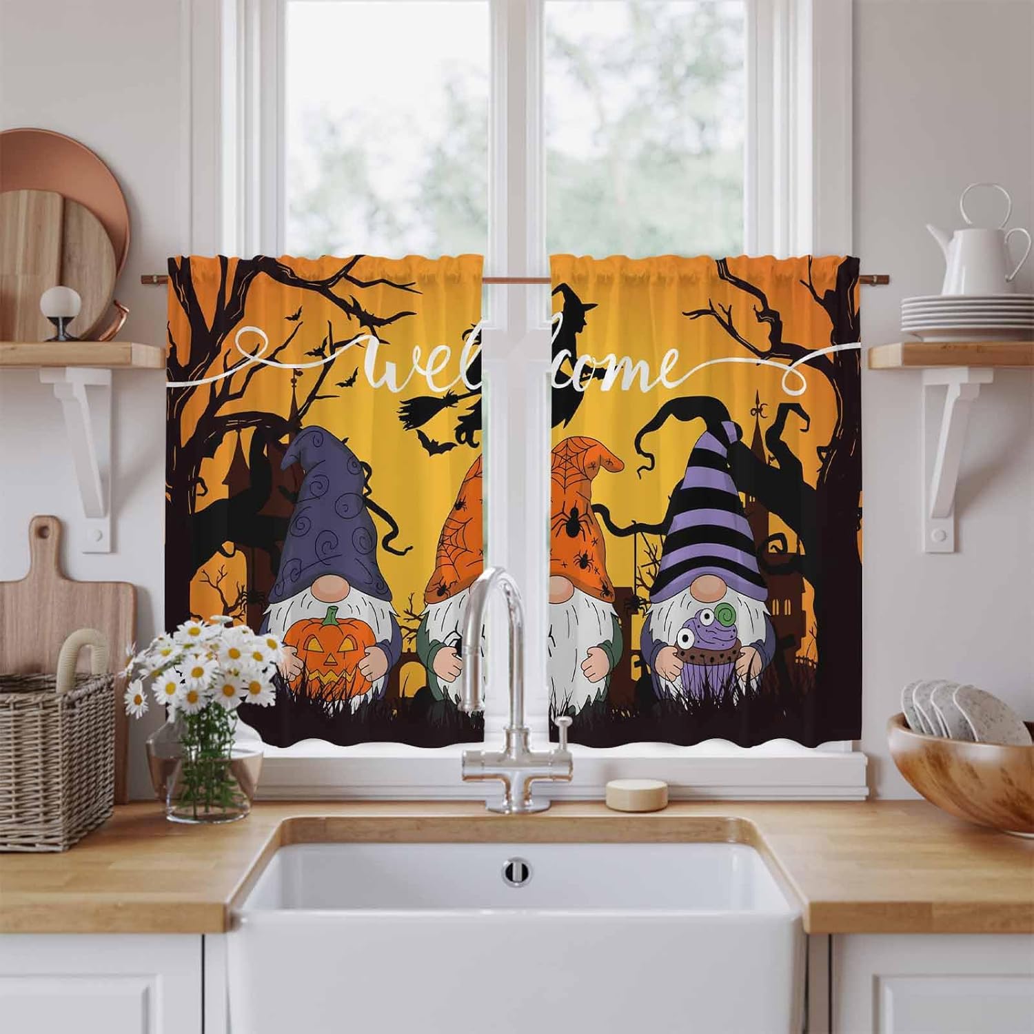 Orange Halloween Kitchen Curtains 45 Inch Long 2 Panel Set, Rod Pocket Window Treatment, Gnomes Scary Pumpkin Bat Black Tree Light Filtering Panels Short Drapes for Bathroom Camper 42"W x 45"L