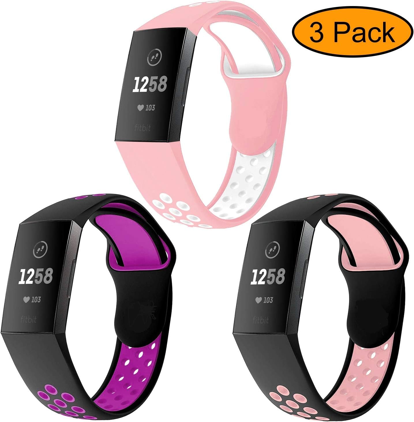 Neitooh 3 Packs Bands Compatible with Fitbit Charge 3/Charge 3 SE for Women and Men,Soft Silicon Waterproof Replacement Sports Strap with Breathable Holes