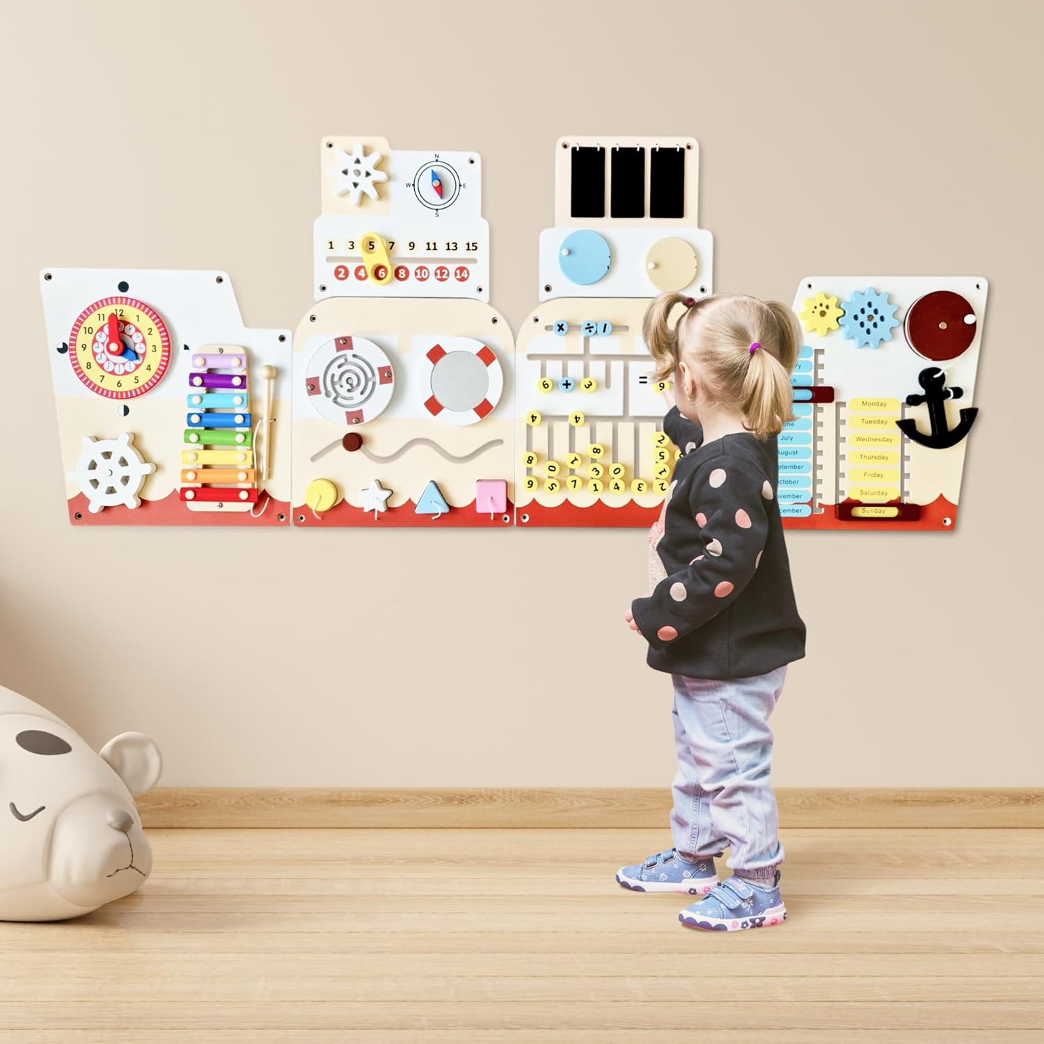 Cateam Sensory Wall Panel for Kids - Activity Wall Busy Board for Toddlers and preschoolers. 16in1 Learning Activity Center. Wooden Montessori Toys for Education and Early Development - Ship