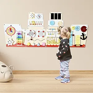 Cateam Sensory Wall Panel for Kids - Activity Wall Busy Board for Toddlers and preschoolers. 16in1 Learning Activity Center. Wooden Montessori Toys for Education and Early Development - Ship