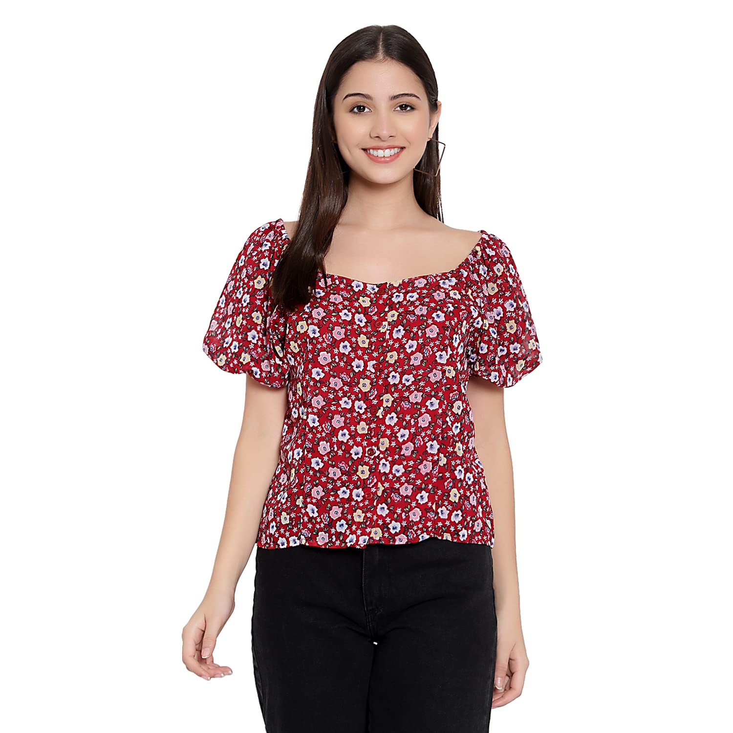 fnocks Women Button Closure Short Sleeves Floral Printed Tops/Georgette Fabric-picture-16