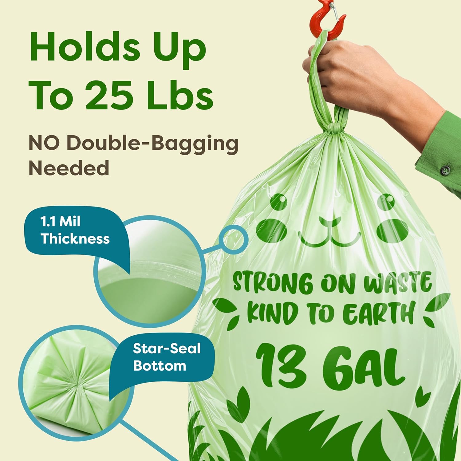 13 Gallon Compostable Trash Bags (40 Count) — Leakproof Plant-based Thick (1.1 Mil) Tall Kitchen Garbage Bags — ASTM D6400 BPI Certified — Heavy-Duty Large Food Scrap Liner Bag with Handle-Tie