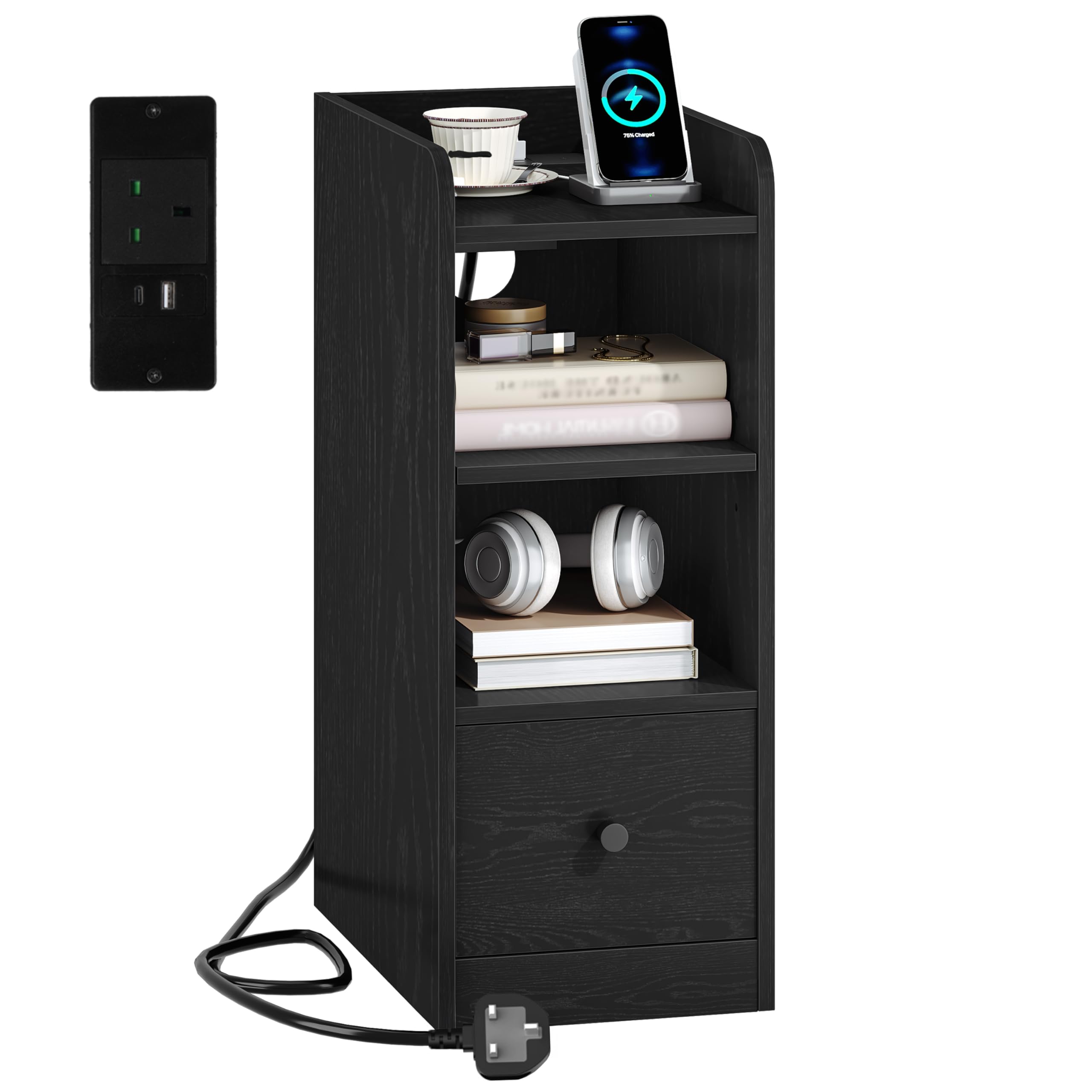 Hzuaneri Slim Bedside Tables with Charging Station, Narrow Bedside Cabinet with Drawer, USB & Type-C Ports, Nightstands with Adjustable Shelves for Bedroom, Living Room, Black NS36404X