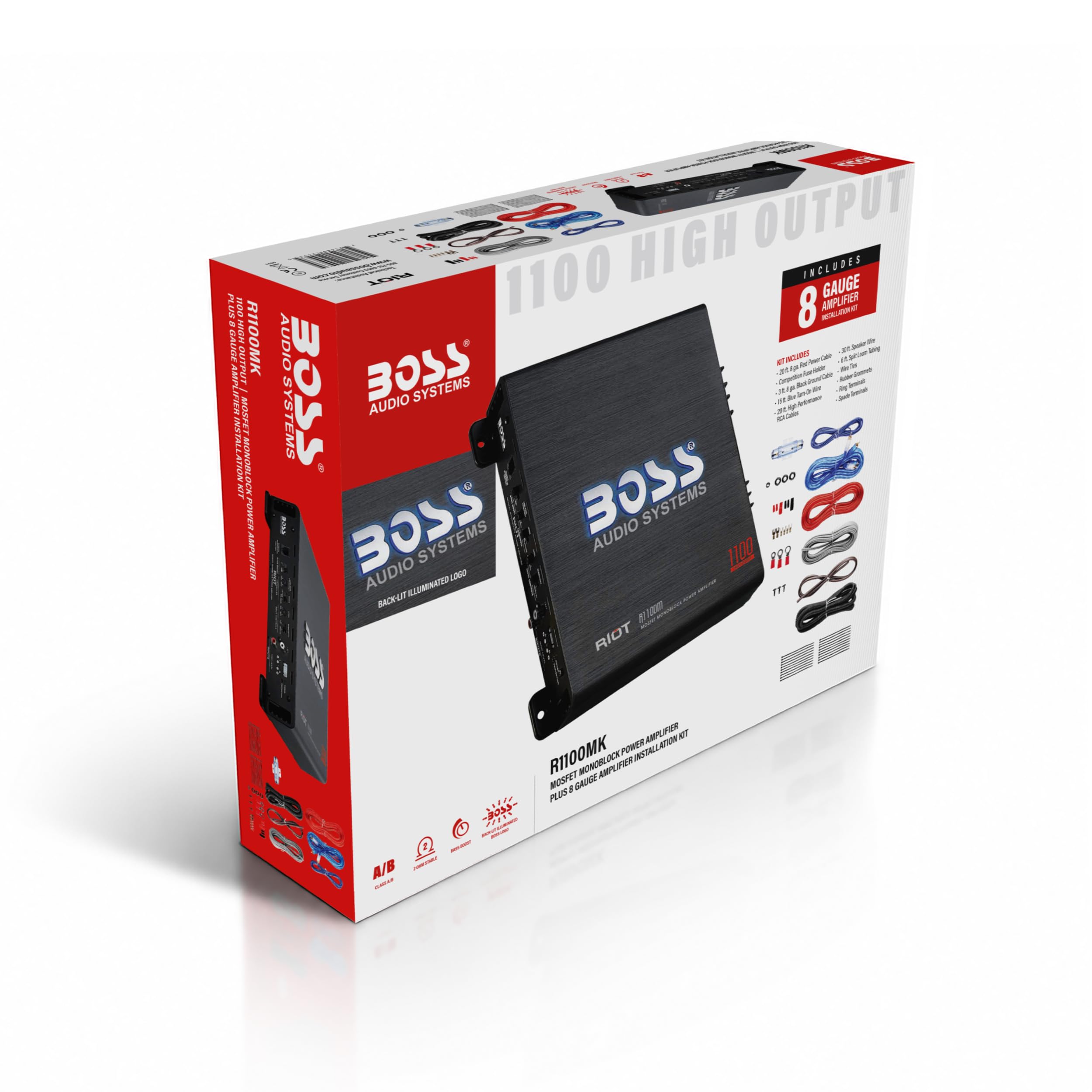 BOSS Audio Systems R1100MK Monoblock Car Amplifier and 8 Gauge Wiring Kit - 1100 High Output, High Low Level Inputs, Low Pass Crossover