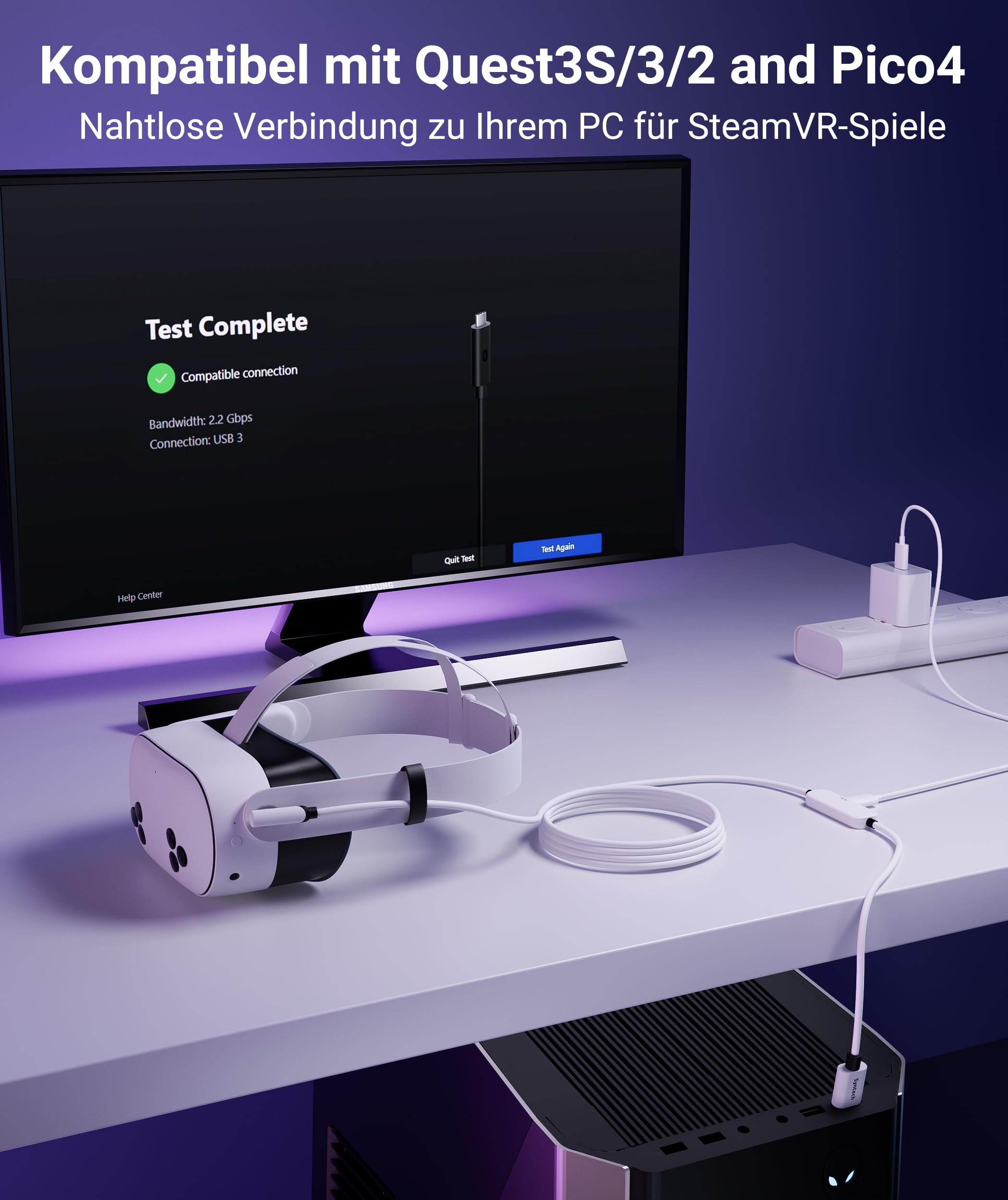 Syntech VR Cable Link con Carga 5M Compatible con Meta Quest 3S/Quest 3/Oculus Quest2 Accesorios, Cable Link USB 3.0 con Puerto de Carga Adicional, para PC/SteamVR y Juego Extendido