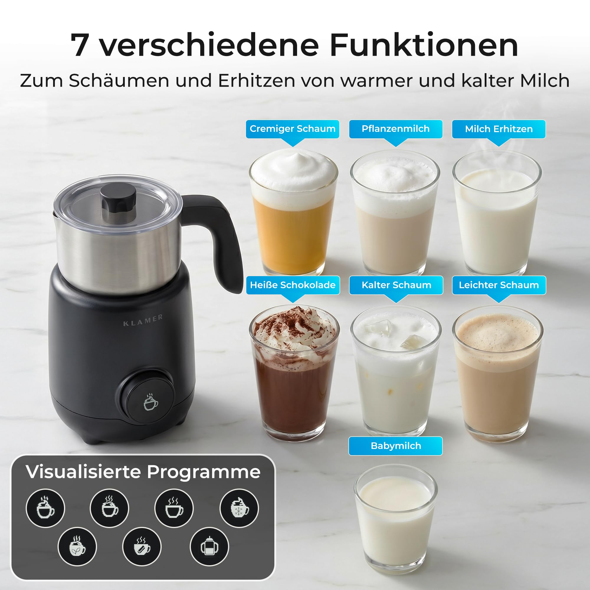 KLAMER Milchaufschäumer Elektrisch 550W, Milchschäumer mit Display & 7 Programmen: Aufschäumen Warm & Kalt, Heiße Schokolade, Hafermilch & Babymilch, Edelstahl 400 ml