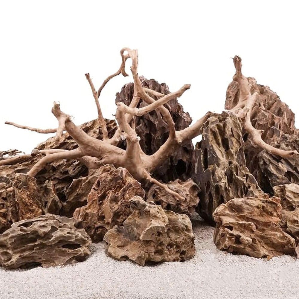 AquaOne Aquarium Steine Drachensteine Set mit Wurzel I Natursteine Dragon 10kg Mix und Mookienwurzel L I Aquascaping Gestein I Felsen Dekoration I Pagode Rückwand