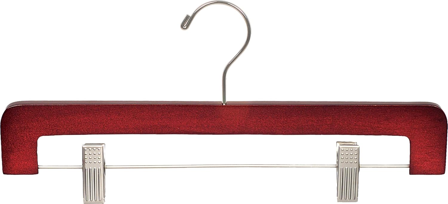 Deluxe Rounded Wooden Pant Hanger with Adjustable Cushion Clips, Bottom Hangers with Cherry Finish and Brushed Chrome Swivel Hook (Box of 100) by The Great American Hanger Company