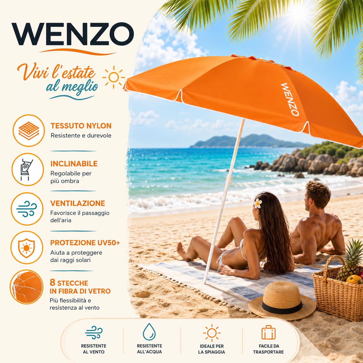 WENZO Ombrellone da Spiaggia 200 cm Antivento con Borsa, Palo Acciaio 28/32 mm, 8 Stecche in Fibra di Carbonio, Protezione UV Interna Argentata, per Spiaggia Giardino Campeggio