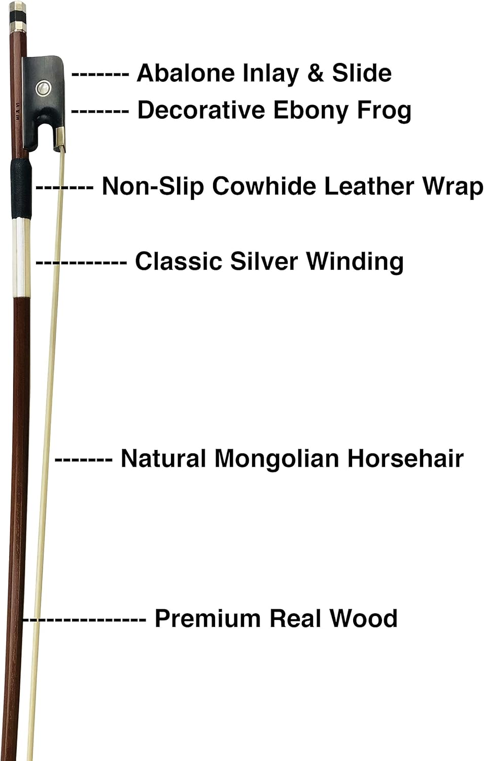MI&VI CB-530 Classic Cello Bow (Size 1/4) with Bow Soft Bag and Rosin for Bow Hairs Included - Ebony Frog - Well Balanced - Light Weight - Real Mongolian Horse Hair (Cello 1/4) - MIVI Music