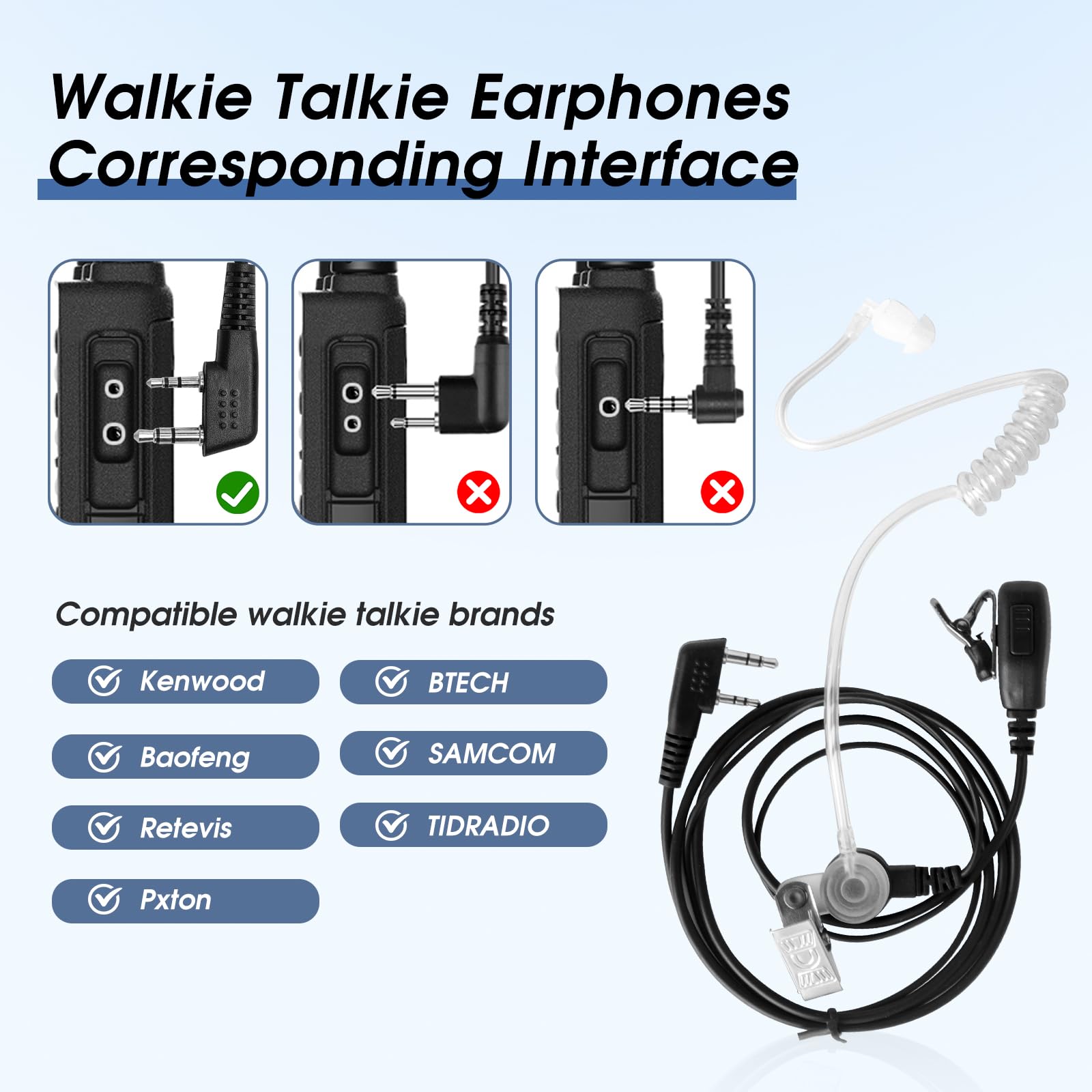 Auricolare radio bidirezionale con microfono Walkie Talkie, compatibile con Kenwood Baofeng BTECH Retevis Wouxun Pxton (cuffie a tubo acustico ad aria nascosta a 2 pin)