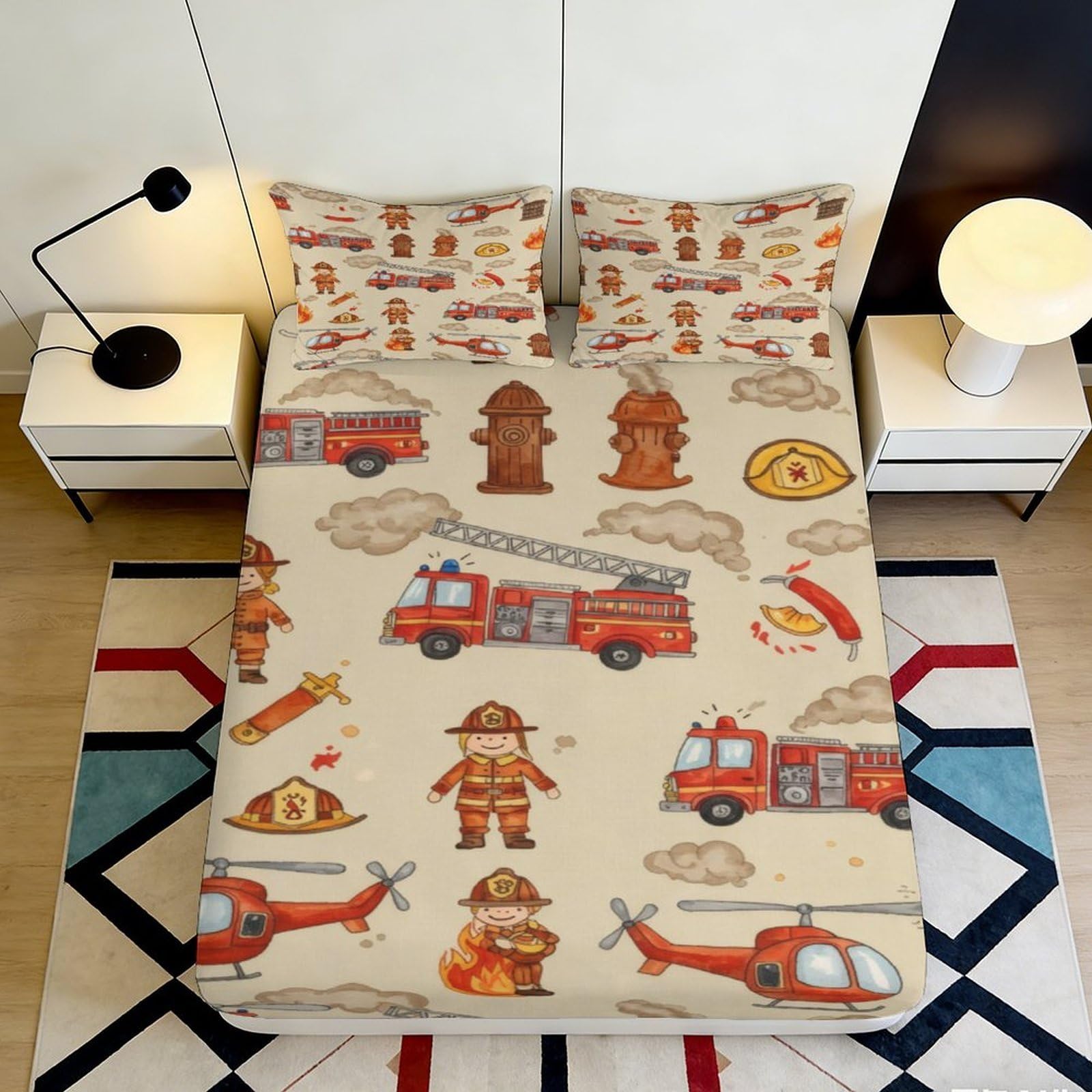 3D Printed Firefighter Pattern Fitted Sheet Microfiber Soft Breathable Fire Truck Bed Cover for Bedroom Dormitory Guest Room Mattress Protection 120x200x25cm