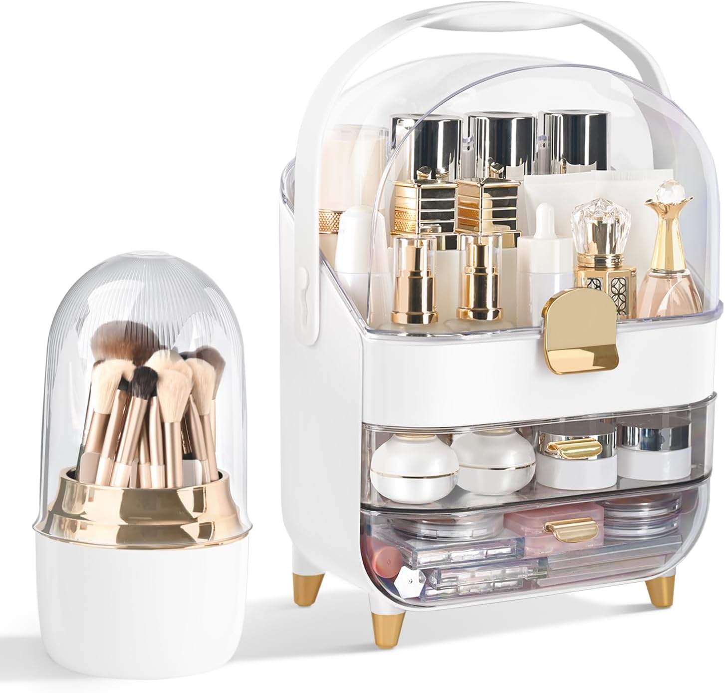 Brothersbox Makeup Organizer Countertop, Skincare Organizers with Clear Lid & 2 Drawers and Brush Holder, Make up Organizers for Vanity, Cosmetic Organizer for Bathroom Counter Dresser (White) Brothersbox Makeup Organizer Countertop, Skincare Organizers with Clear Lid & 2 Drawers and Brush Holder, Make up Organizers for Vanity, Cosmetic Organizer for Bathroom Counter Dresser (White)