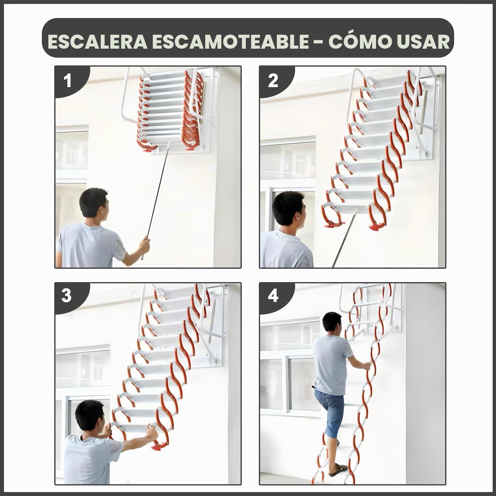 Escalera de ático de Pared, 12 Peldaños Escaleras Telescópicas desván, Escaleras Metálicas Plegables para áticos con Peldaños Telescópicos, para áticos, garajes y techos (Black, 12 Peldaños)