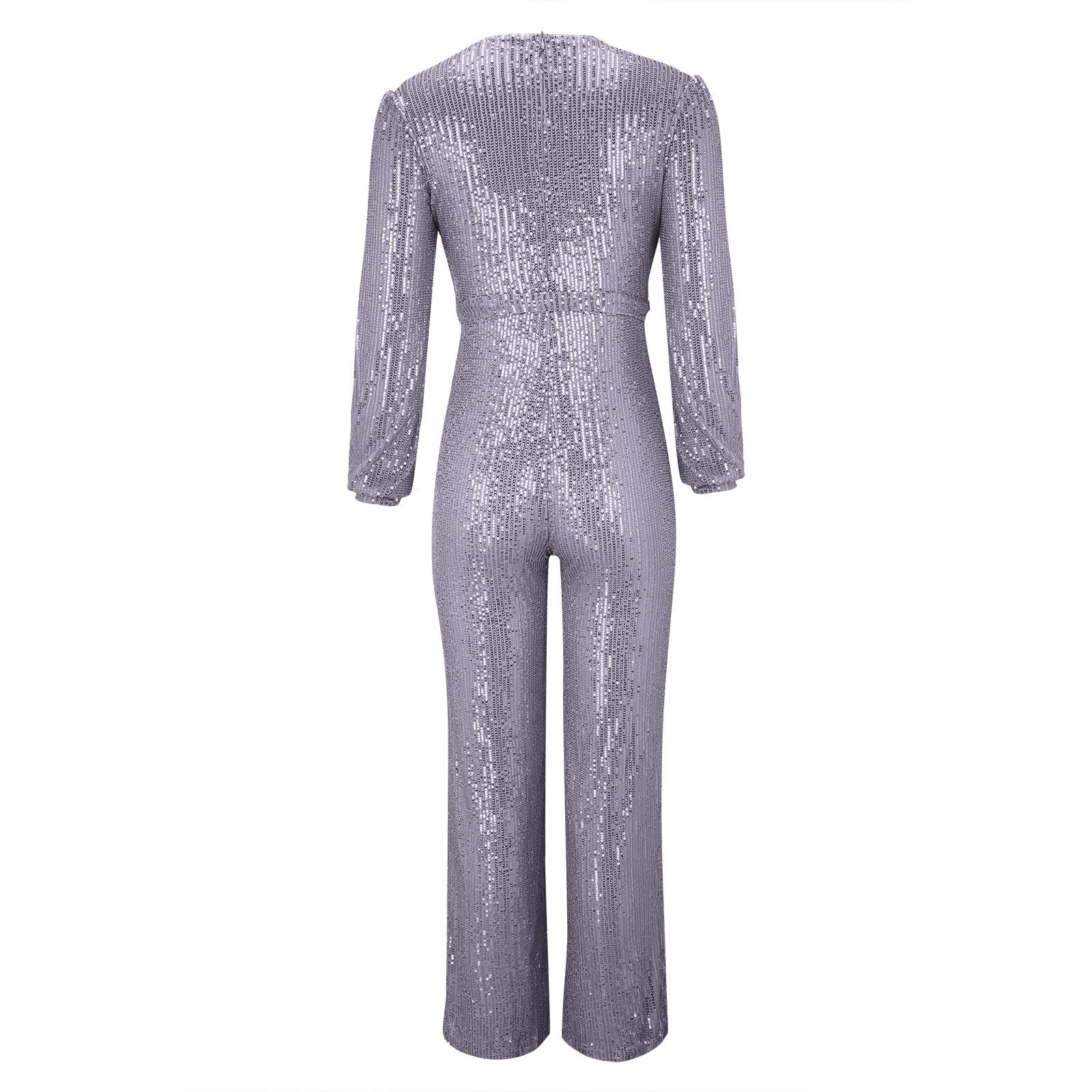 Tuta da donna lucida estiva lunga con paillette, salopette con scollo a V, per cocktail, per matrimonio, a vita alta, per matrimonio, per matrimonio