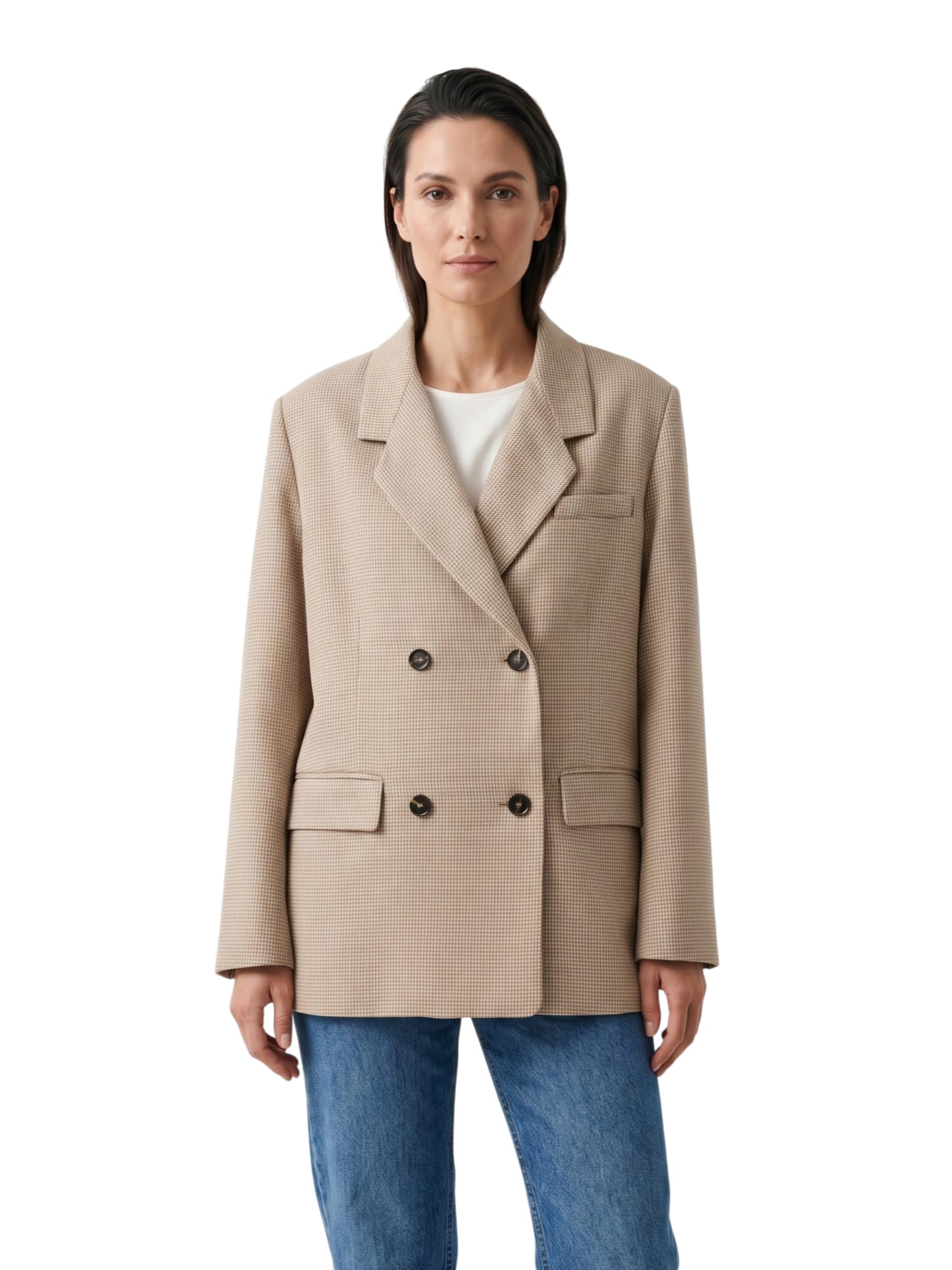 Blazer Femme à Double Boutonnage, Motif Pied-de-Poule, Épaules Structurées, Style Élégant